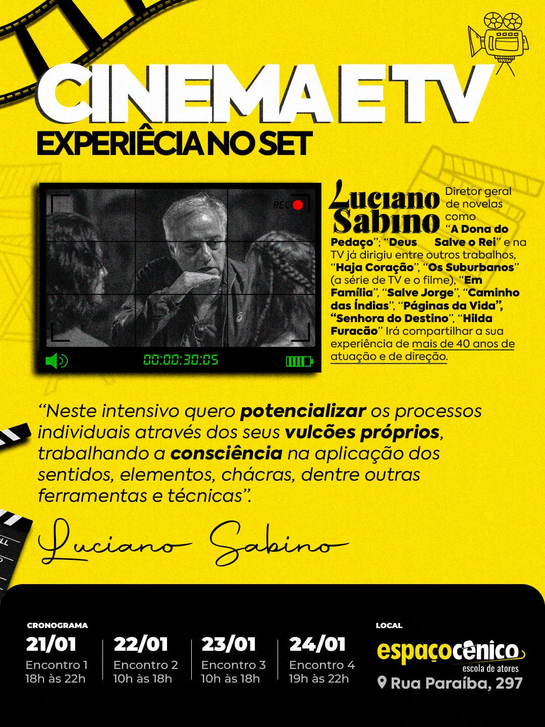 Arte amarela para Instagram do intensivo Cinema e TV: Experiência no Set, com o diretor Luciano Sabino e o cronograma dos encontros