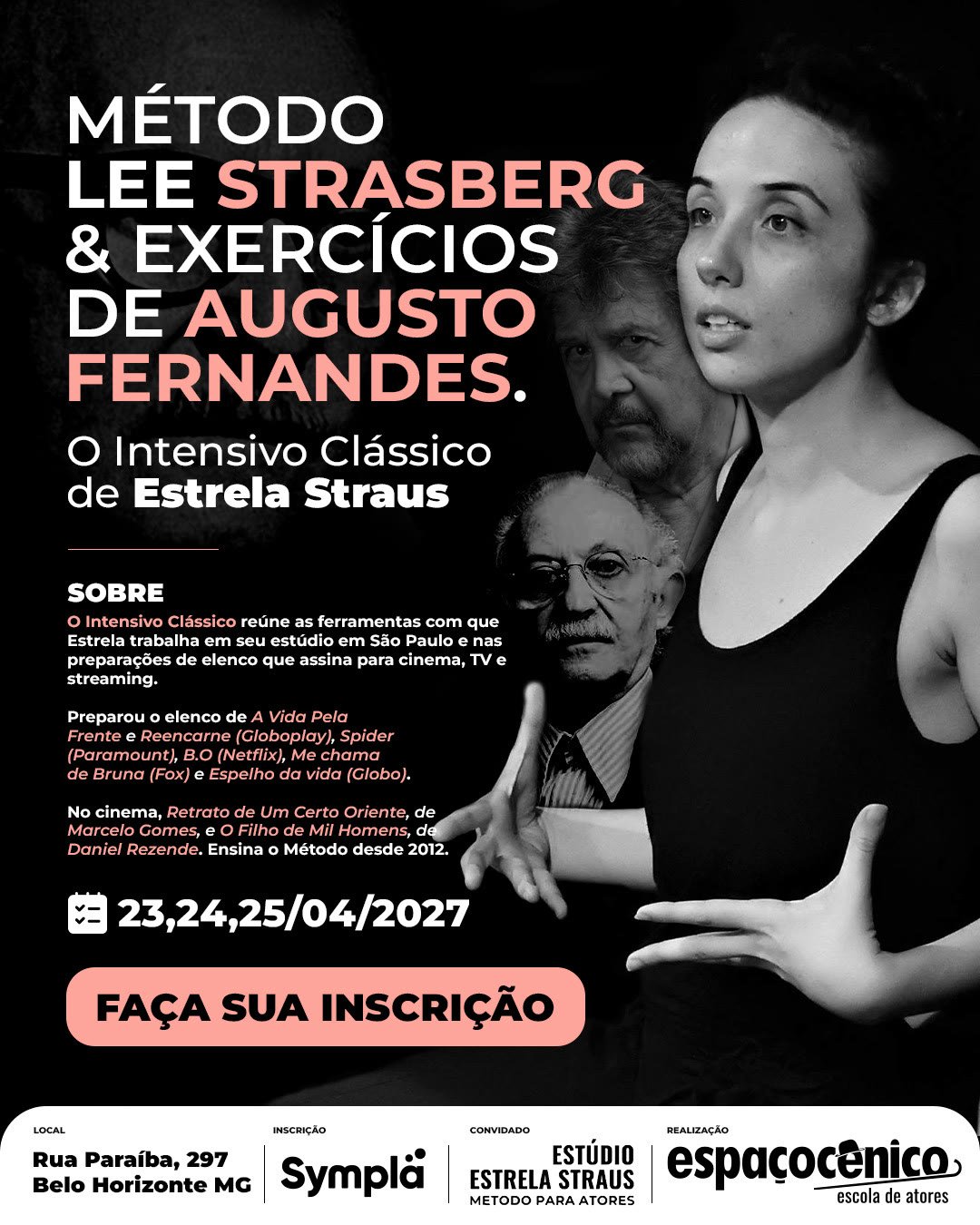 Arte em preto e branco para Instagram do Intensivo Clássico de Estrela Straus, com local, inscrição e realização