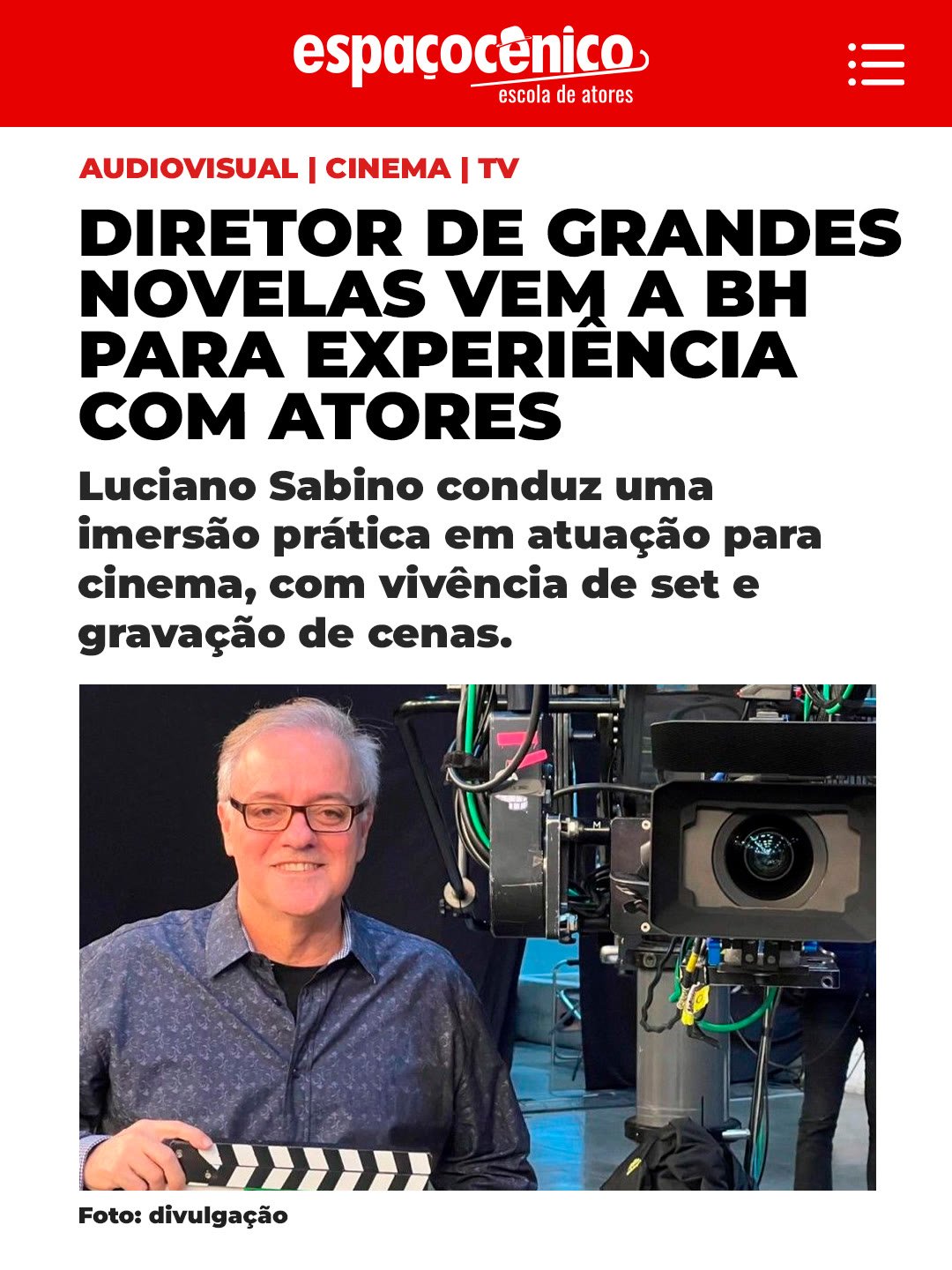 Capa de carrossel para Instagram com a notícia da vinda do diretor Luciano Sabino a Belo Horizonte